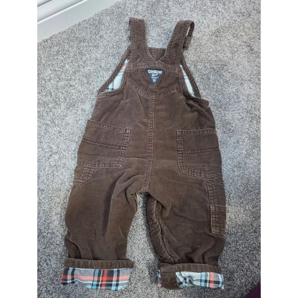 OSHKOSH B'GOSH Boys Corduroy Overalls 18M Plaid Lined Preppy Classic / B67